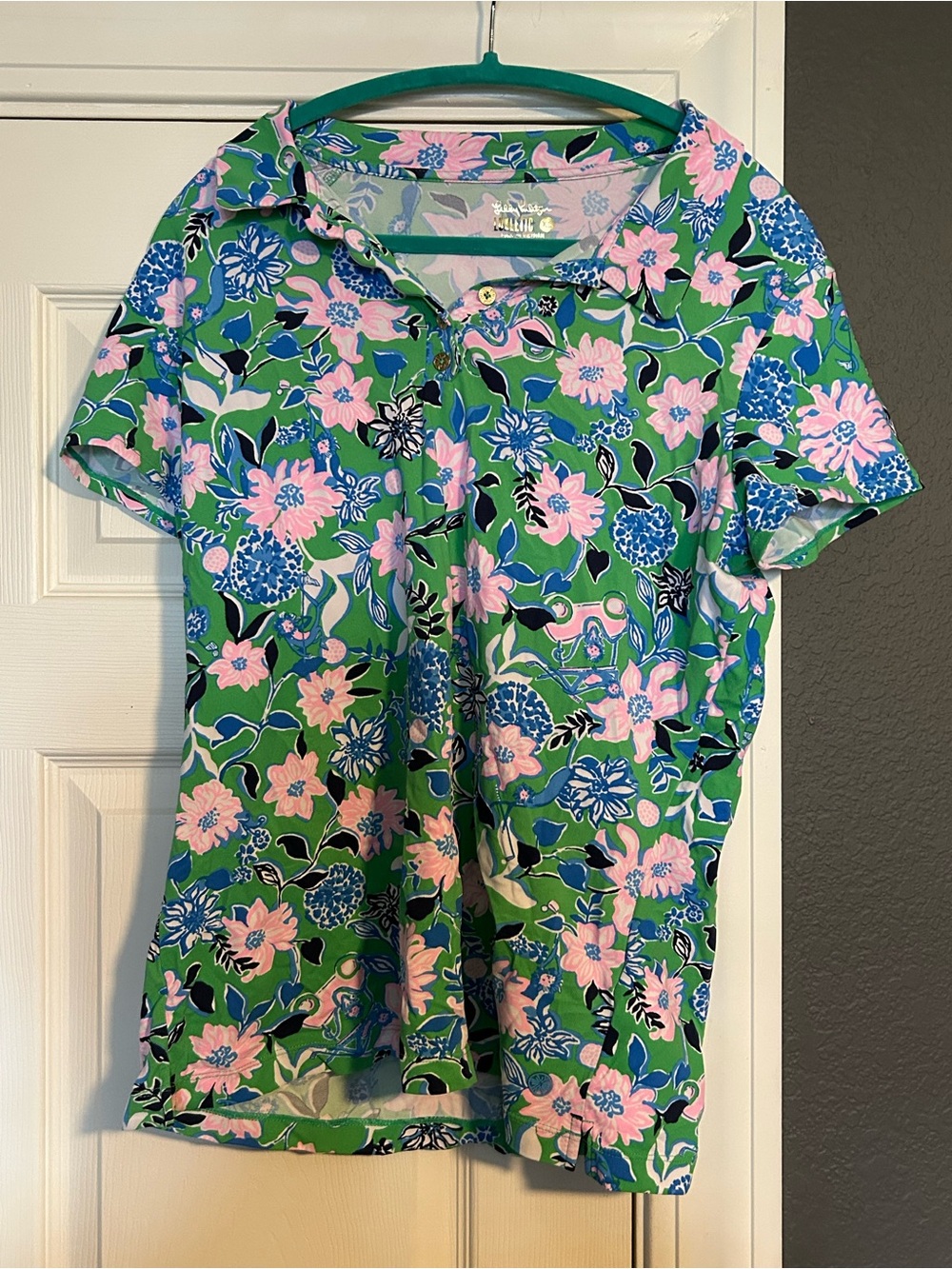 Lilly Pulitzer Green Floral Button-Down Polo with Pink & Blue Blooms